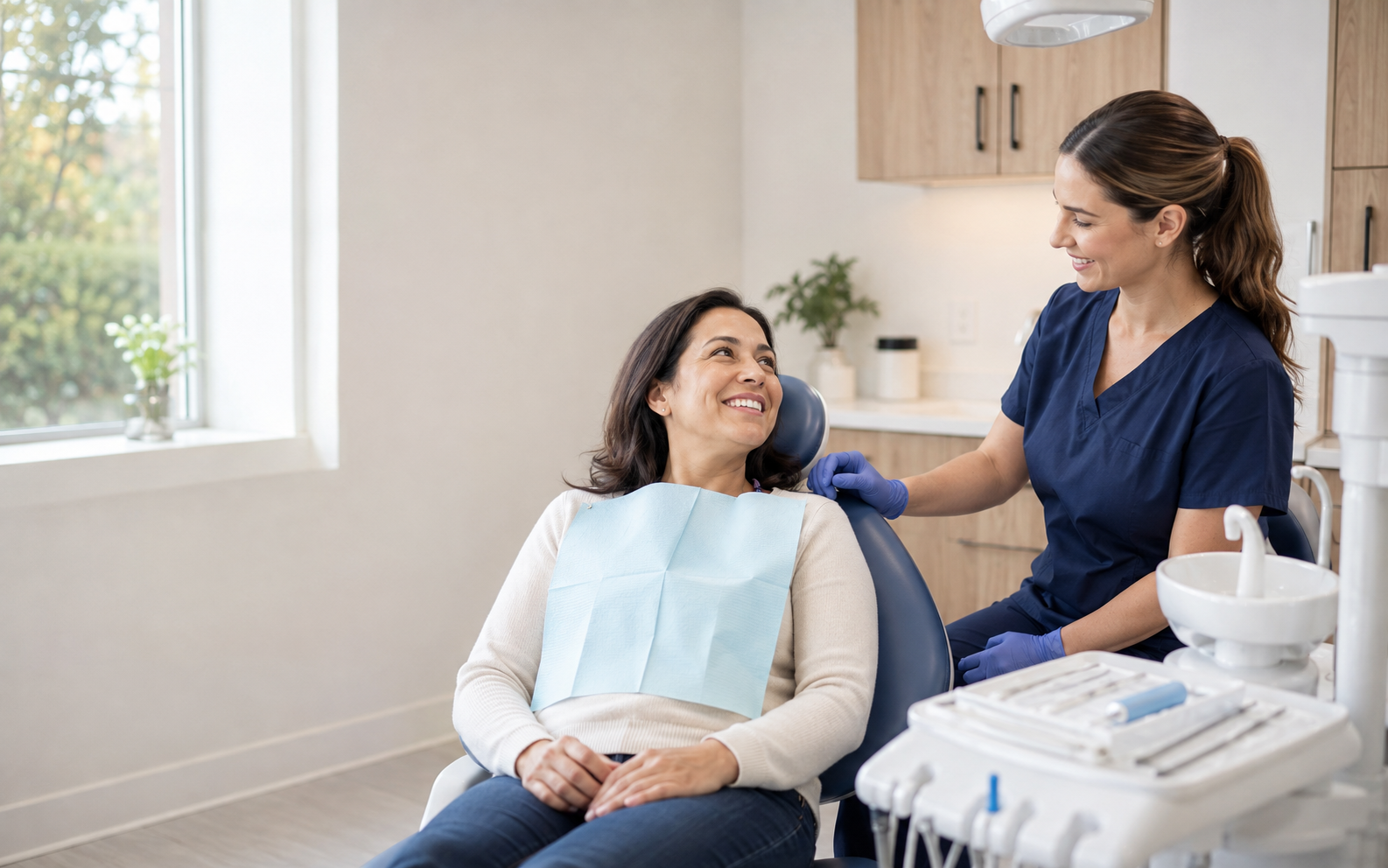 A friendly dental professional helping a patient in a bright modern treatment room